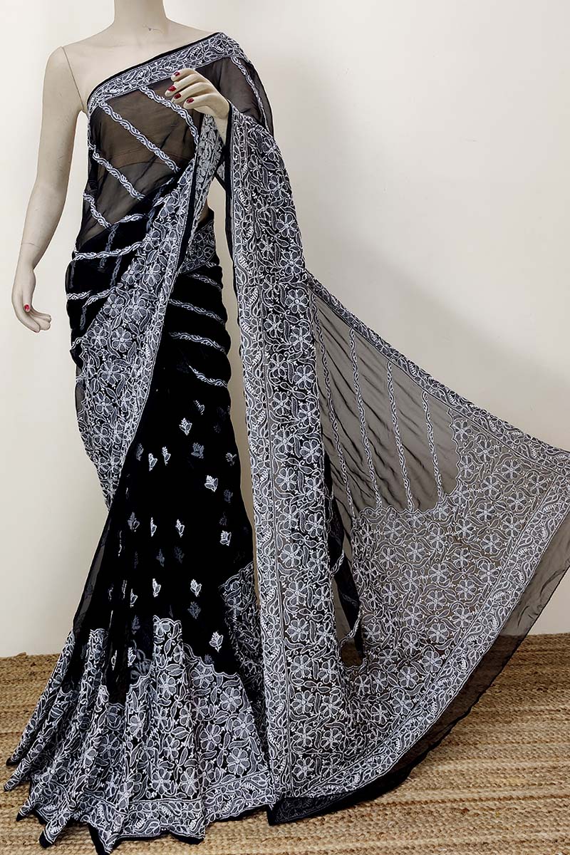 Hand work chikankari Black chiffon saree – J4eKart