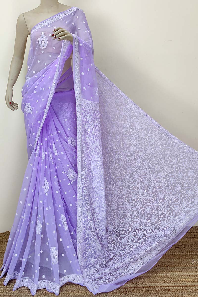 Lavender Color Hand Embroidered  Booti Jaal Work Lucknowi Chikankari Saree (with Blouse - Georgette) Mc252417