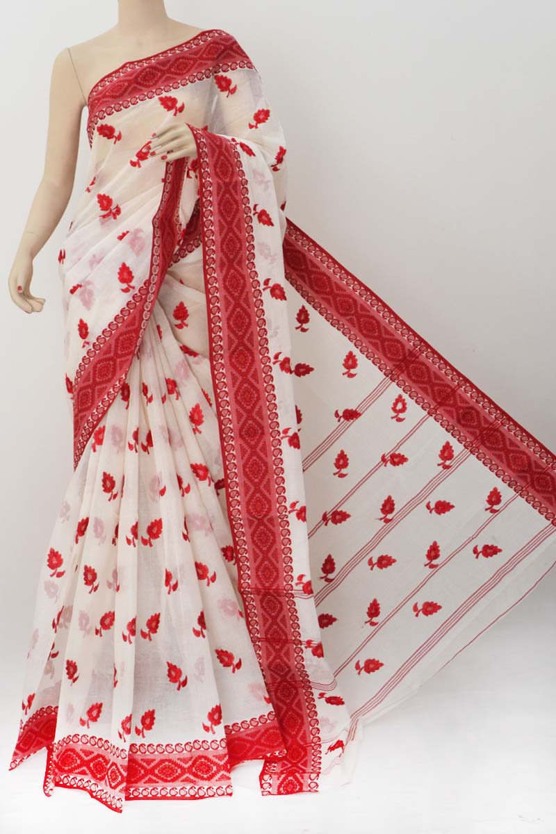 Buy Little Bansi Girls Red And White Color Bengali Saree With Floral  Brocade Blouse Online at Best Price | Distacart