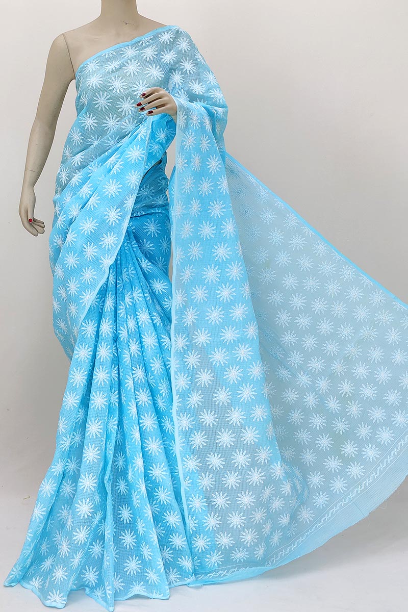 Blue color Hand Embroidered Tepchi Work Lucknowi Chikankari Saree (With Blouse - Cotton) MN252174