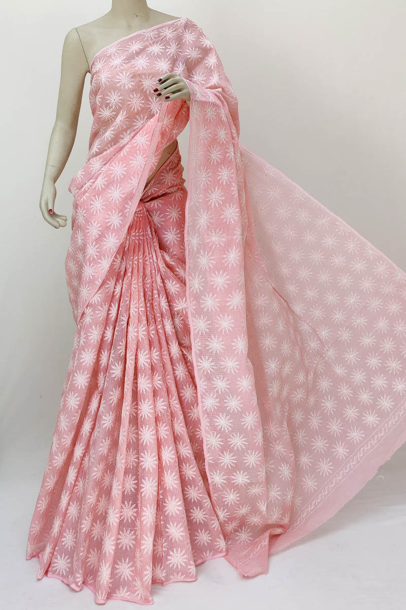 Peach color Hand Embroidered Tepchi Work Lucknowi Chikankari Saree (With Blouse - Cotton) MN252179