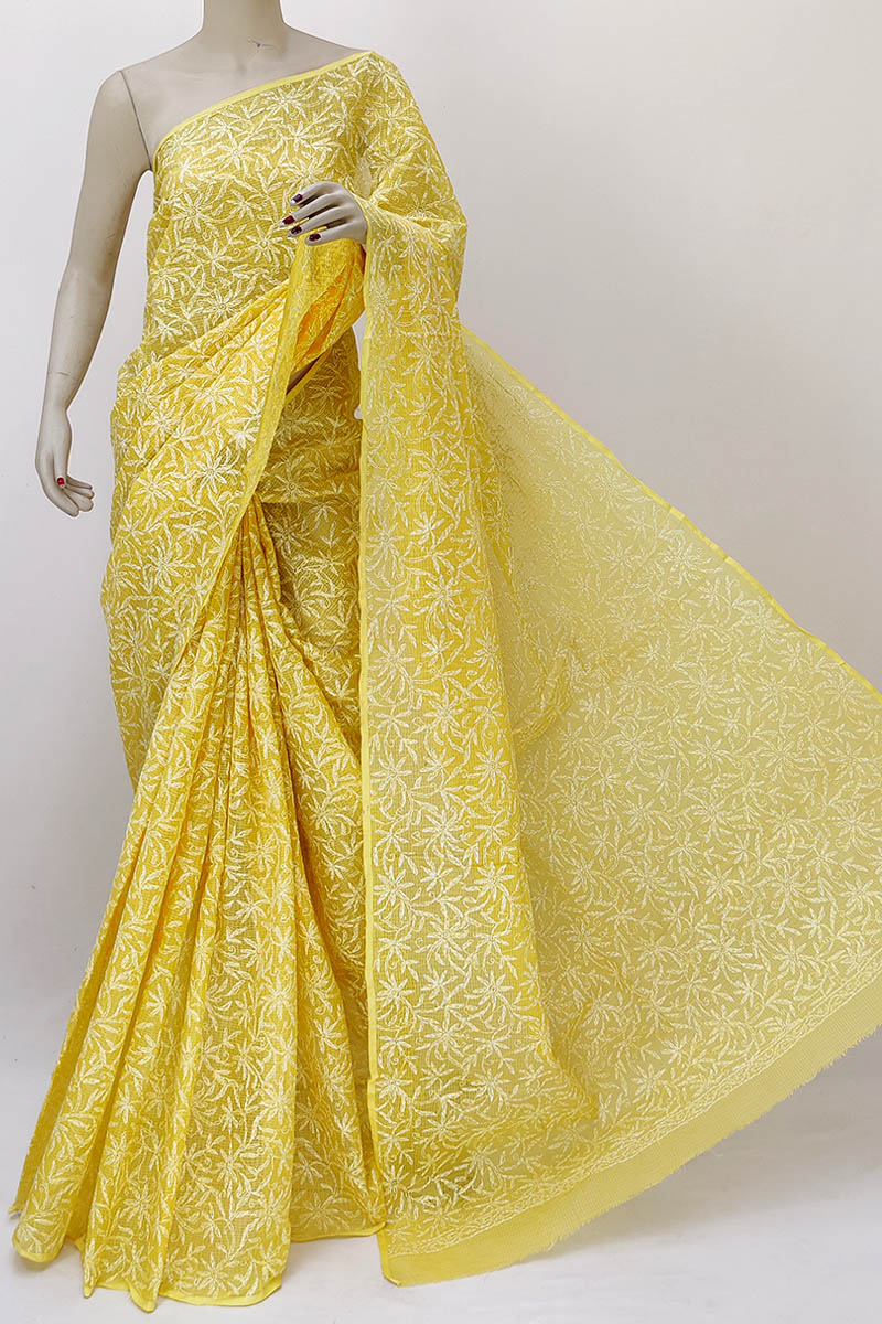 Yellow color Hand Embroidered Tepchi Work Lucknowi Chikankari Saree Without Blouse (Kota Cotton) MN252183