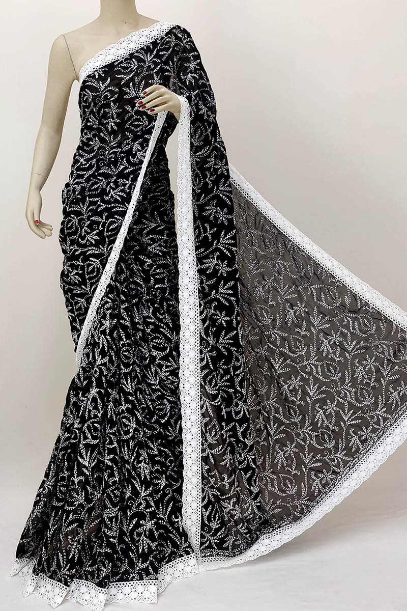 Black color Hand Embroidered Tepchi Work Lucknowi Chikankari Saree With Blouse (Faux Georgette) MN252186