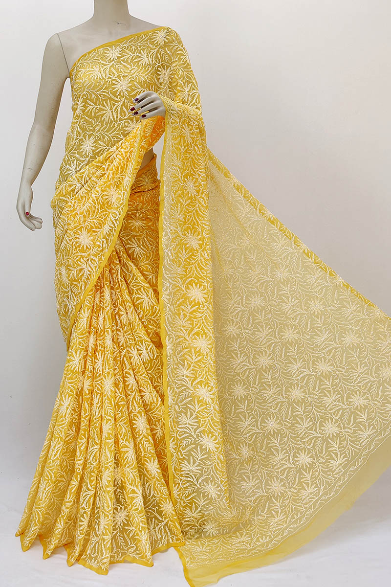 Yellow Color Hand Embroidered Tepchi Work Lucknowi Chikankari Saree With Blouse (georgette) Mn252188