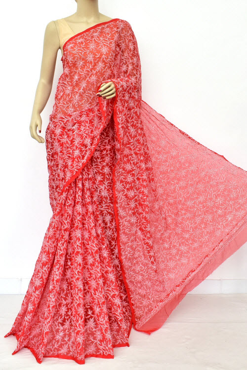 Red Hand Embroidered  Tepchi Work Lucknowi Chikankari Saree With Blouse (Faux Georgette) 15185