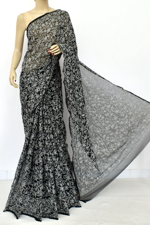 Black Hand Embroidered Tepchi Work Lucknowi Chikankari Saree With Blouse (faux Georgette) 15186