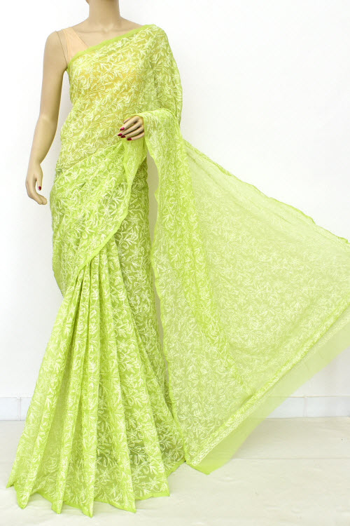 Pista Green Hand Embroidered  Tepchi Work Lucknowi Chikankari Saree With Blouse (Faux Georgette) 15188