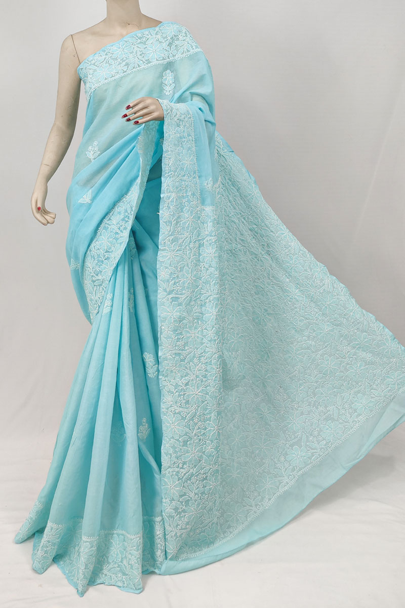 Sky Blue Colour Cotton Lucknowi Chikankari Saree With Blouse Mc253211