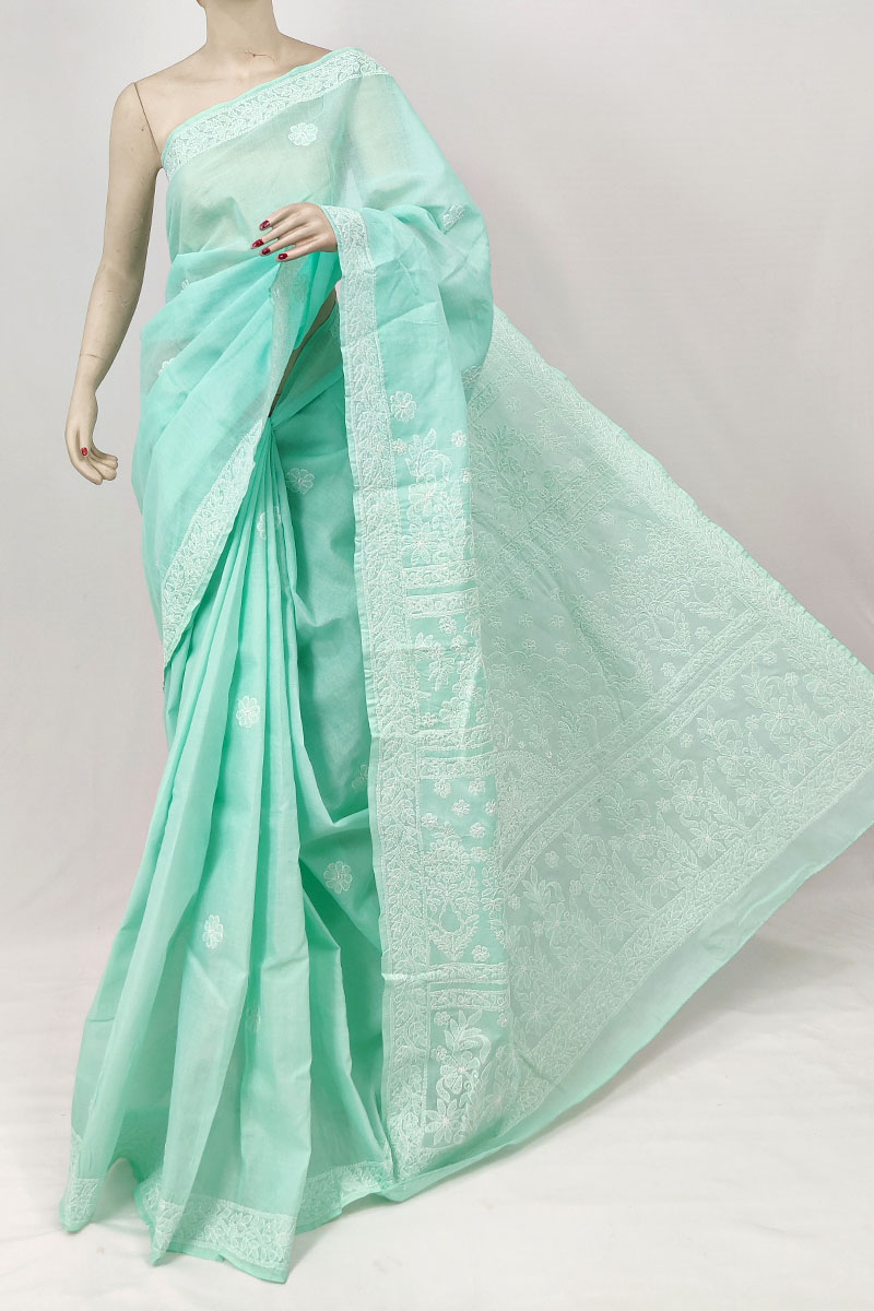 Sea Green Colour Cotton Lucknowi Chikankari Saree With Blouse Mc253212