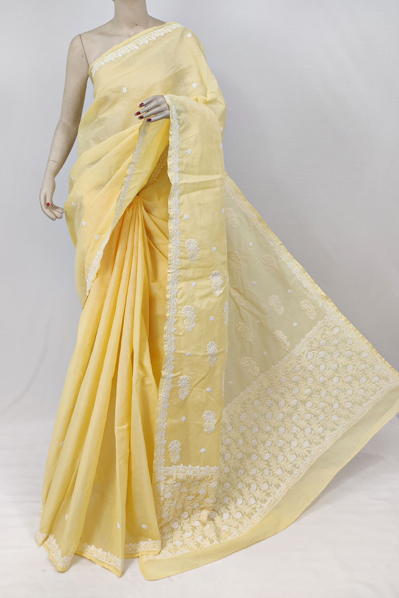Yellow Colour Cotton Lucknowi Chikankari Saree With Blouse Mc253213