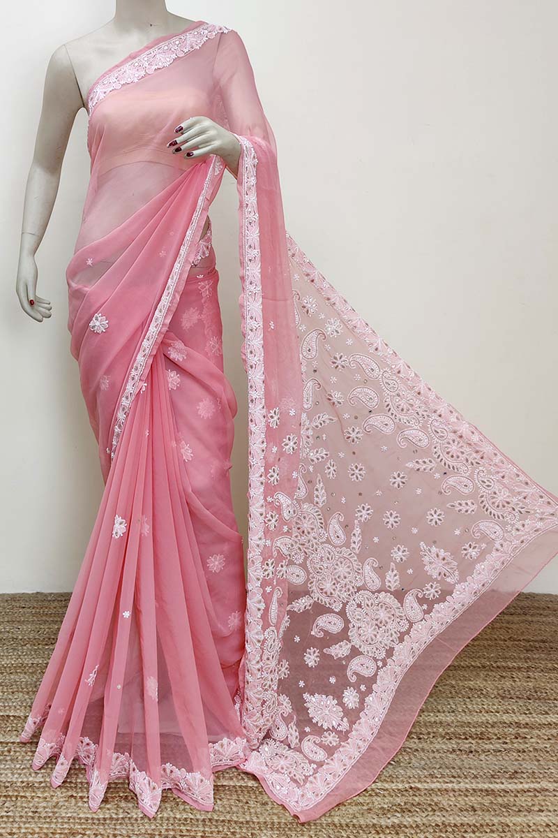 Peach color Hand Embroidered Gotta Patti Work Lucknowi Chikankari Saree With Blouse (Georgette) MC252874