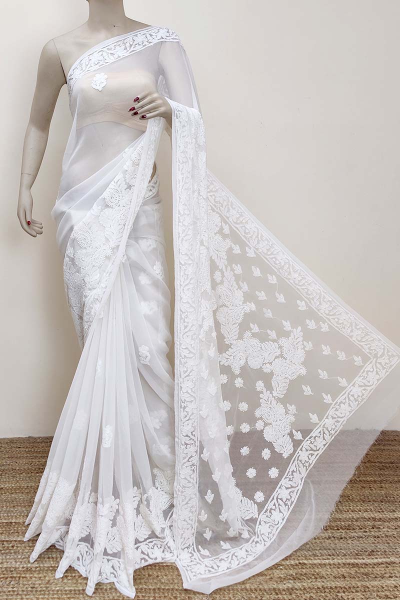 White color Designer Hand Embroidered Lucknowi Chikankari Saree (With Blouse - Georgette) MC252876