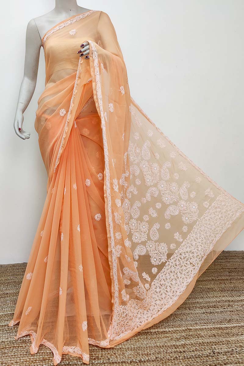 Light Orange colour Designer Hand Embroidered Georgette Lucknowi Chikankari (Saree with Blouse) MC252877