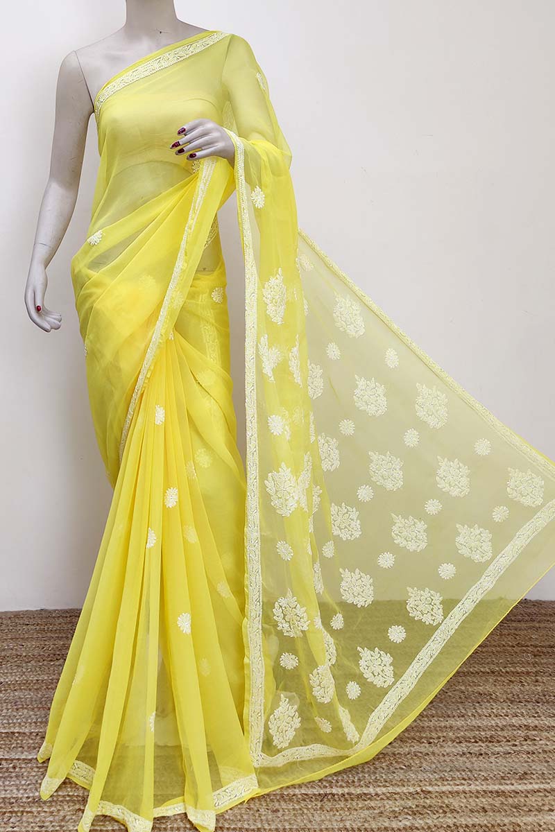 Yellow  colour Designer Hand Embroidered Georgette Lucknowi Chikankari (Saree with Blouse) MC252878