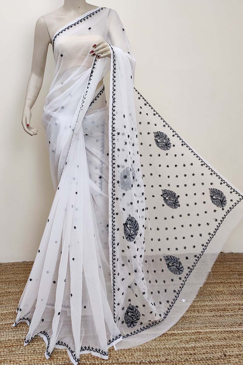 White colour Designer Hand Embroidered Georgette Lucknowi Chikankari (Saree with Blouse) MC252879