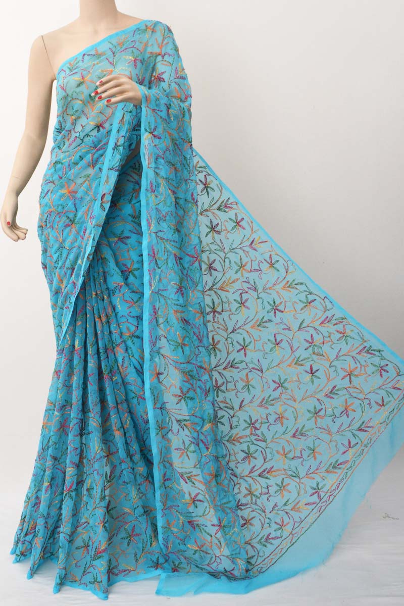 Blue Color Multithread Tepchi Work Hand Embroidered Lucknowi Chikankari Saree (with Blouse) Mc251410