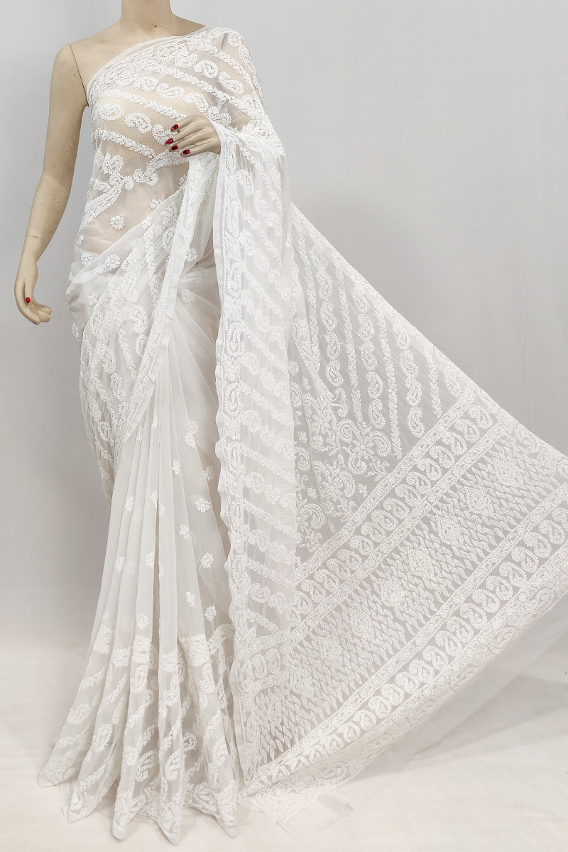 White Colour Georgette Chikankari Saree With Blouse Mc253091