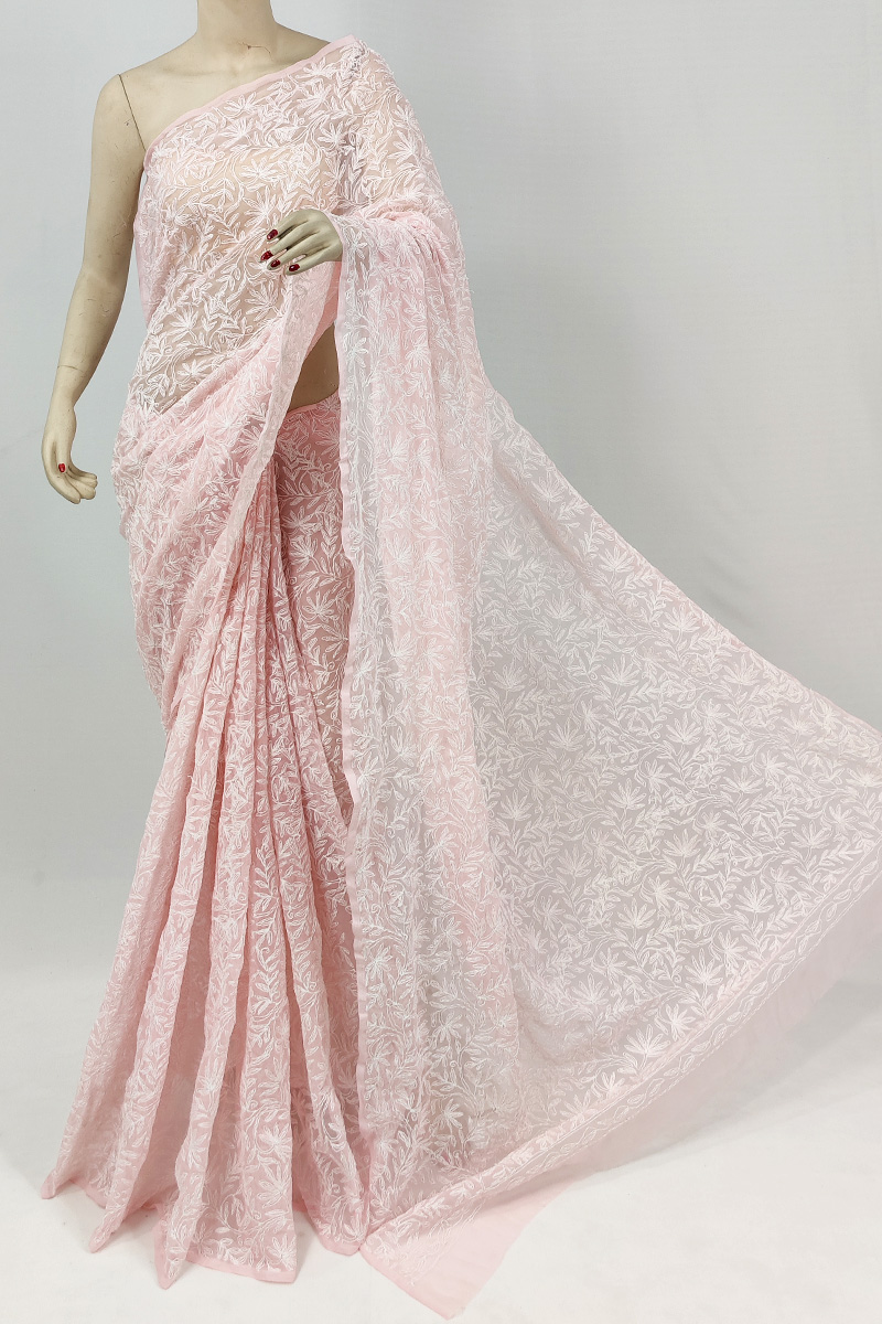 Peach Colour Georgette Lucknowi Chikankari Tepchi Saree With Blouse Mc253092