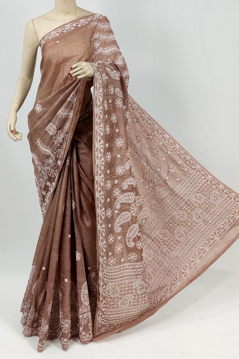 Brown Colour Tussar Silk Lucknowi Chikankari Saree With Blouse Mc253094