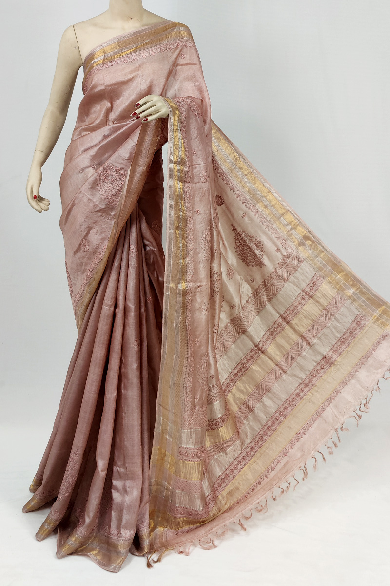 Bronze Colour Tussar Silk Zari Border Chikankari Saree With Blouse Mc253095