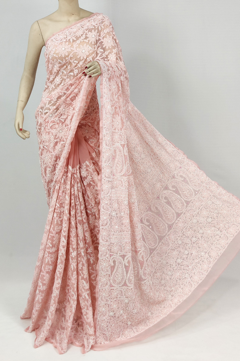 Peach Colour Georgette Allover Chikankari Saree With Blouse With Sequence Pearl Work Mc253099