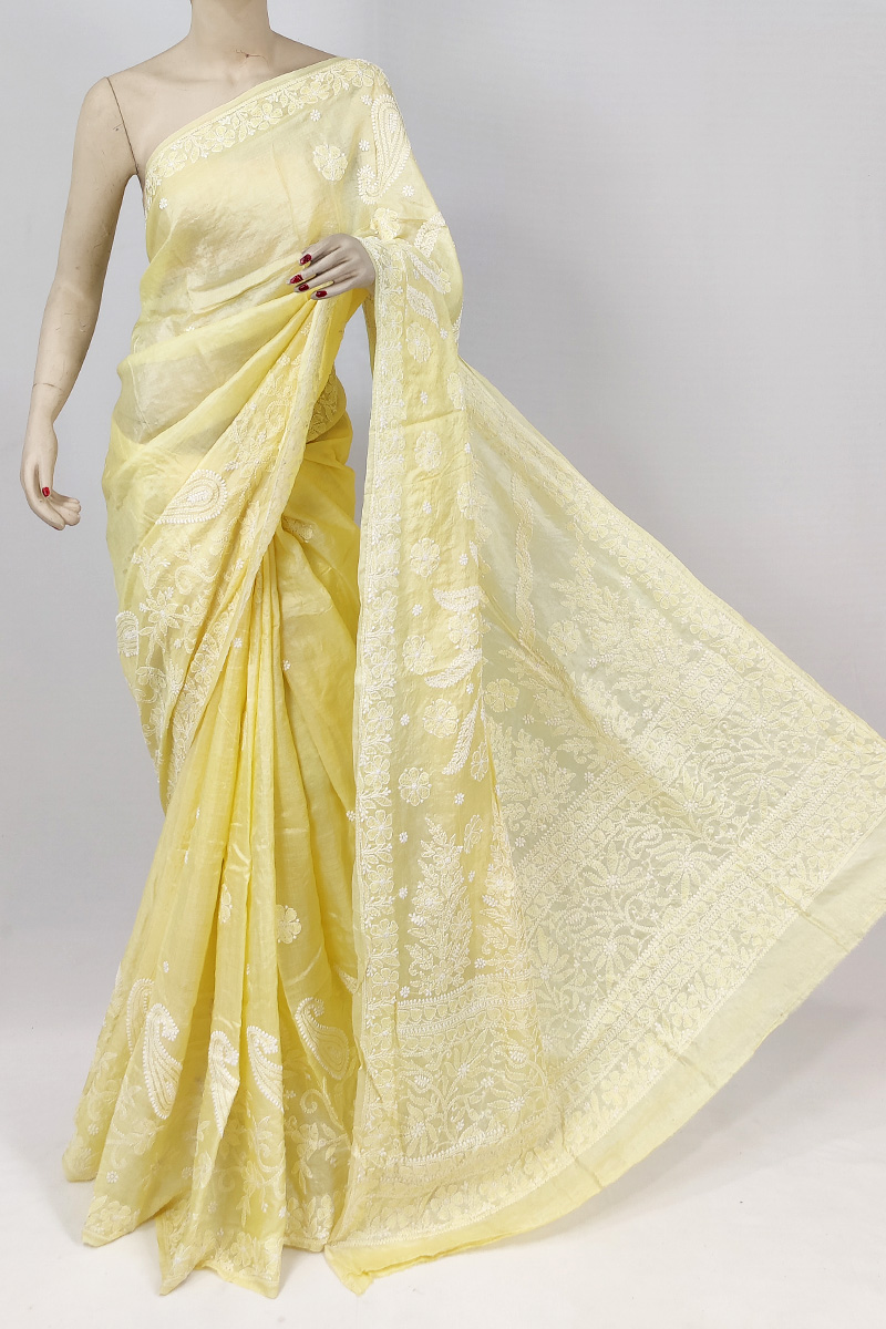 Golden Colour Tussar Silk Lucknowi Chikankari Saree With Blouse Mc253100