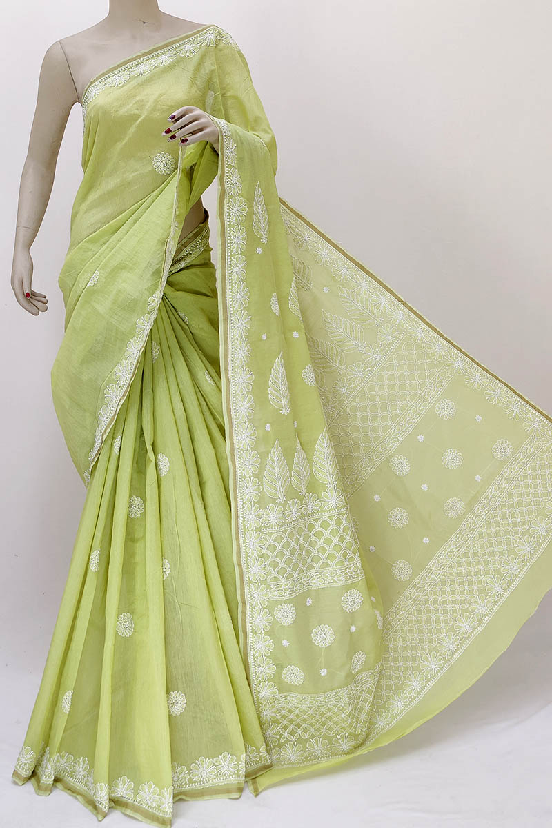 Pista Green color Hand Embroidered Work Lucknowi Chikankari Saree With Blouse (Chanderi Cotton) MN252195