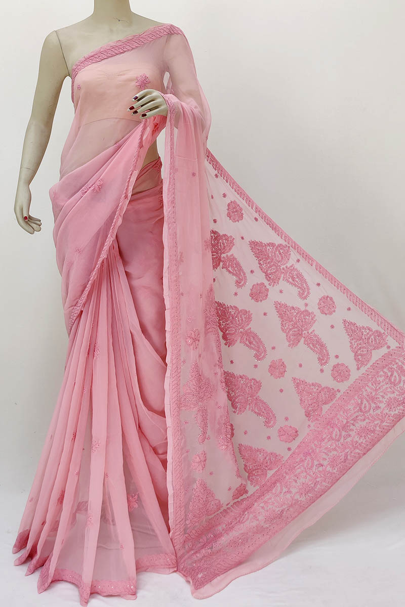 Peach Color Designer Hand Embroidered Lucknowi Chikankari Saree (With Blouse - Georgette) MN252203