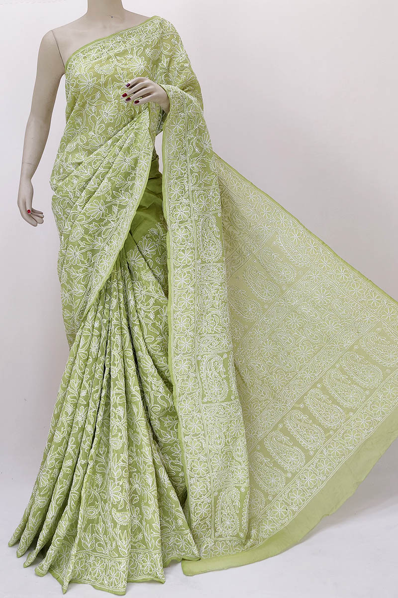 Green color Allover Hand Embroidered Lucknowi Chikankari Saree (With Blouse - Cotton) MN252206