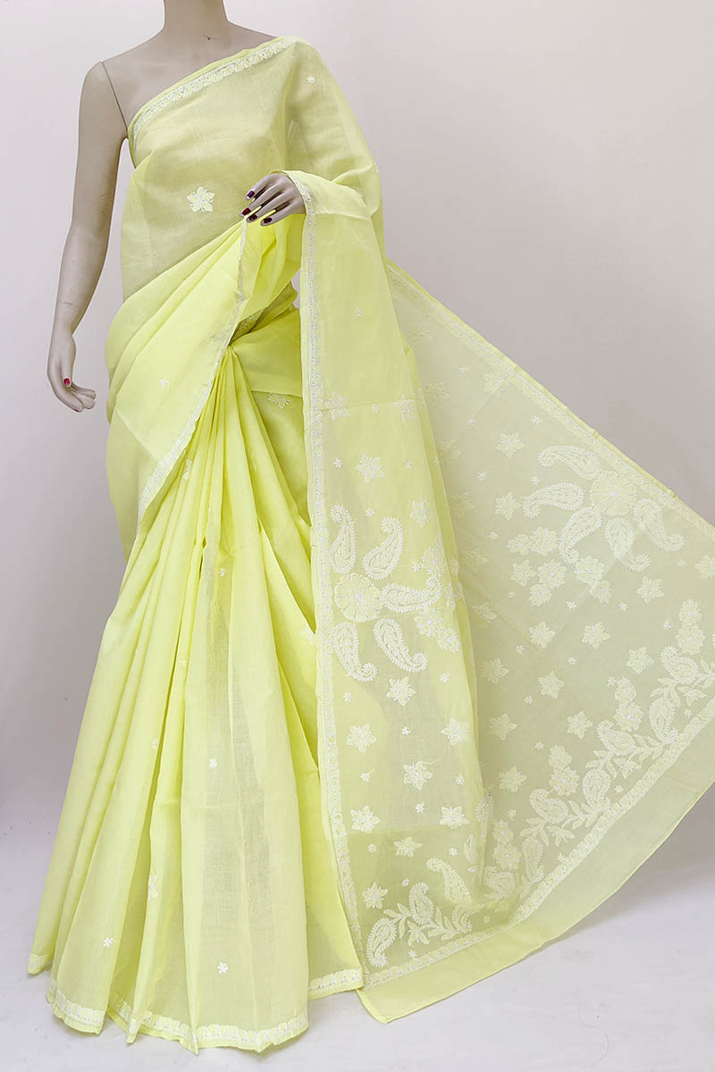Lemon color Designer Hand Embroidered Lucknowi Chikankari Saree (With Blouse - Cotton) MN252207