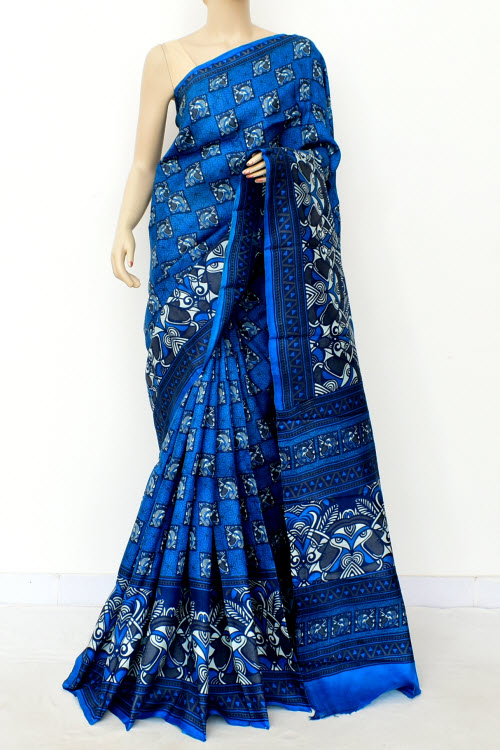 Buy Blue Printed Handloom Double Knitted Pure Silk Saree (With Blouse)  16357