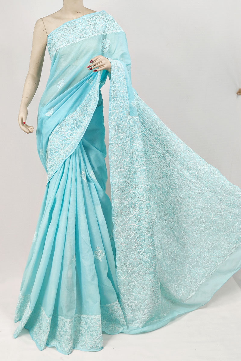 Sky Blue Colour Cotton Lucknowi Chikankari Saree With Blouse Mc253211 Mc253216