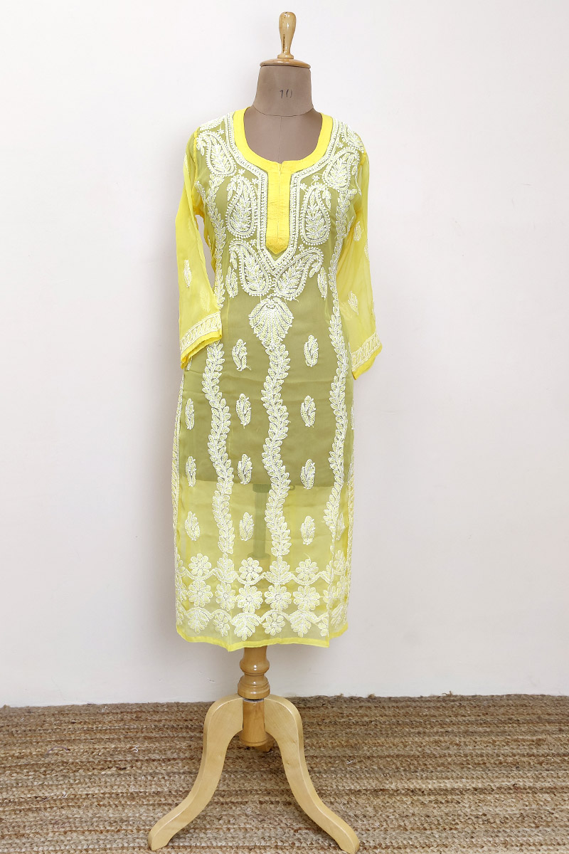 Yellow Color Hand Embroidered Lucknowi Chikankari Bakhiya Fanda Kurta (Georgette) MC252880