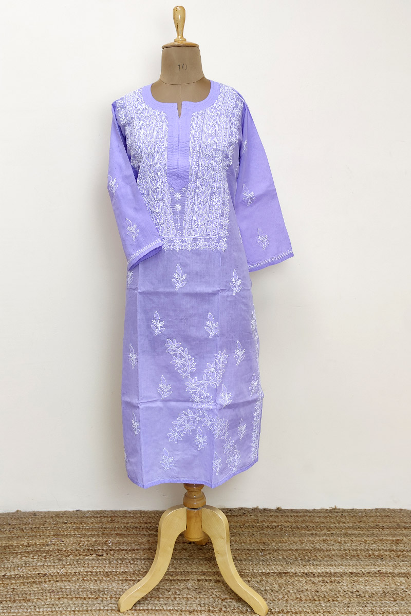 Lavender Color Hand Embroidered Lucknowi Chikankari Bakhiya Fanda Kurta (Cotton) MC252881