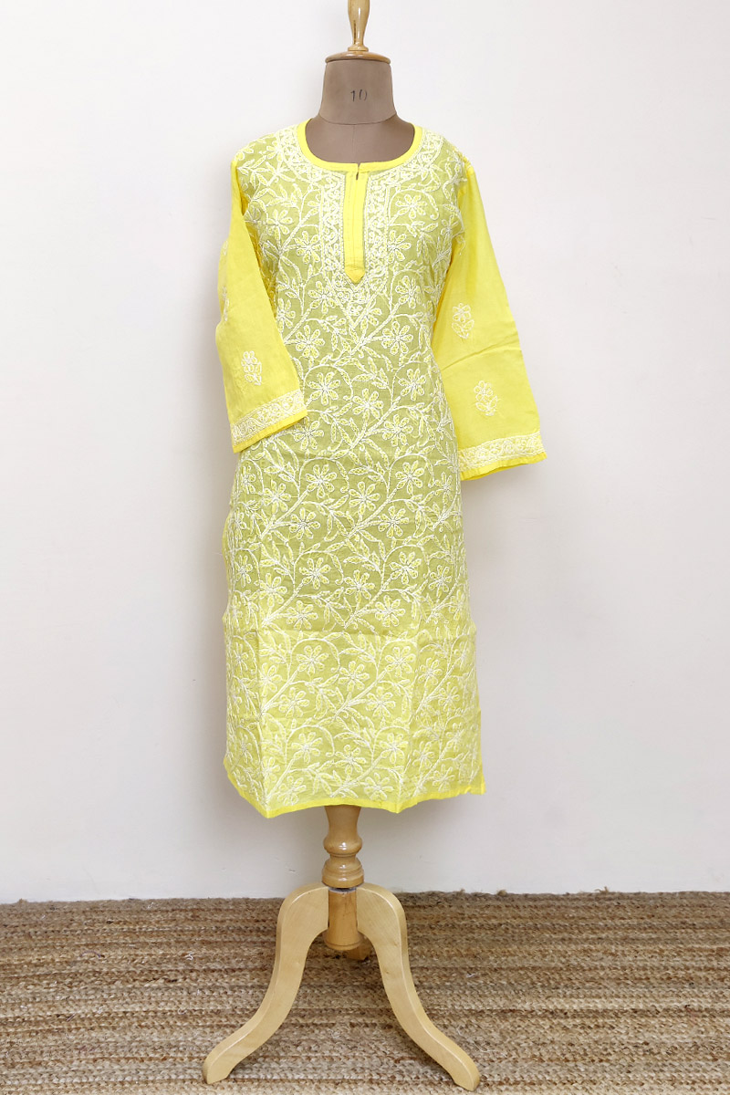 Yellow Color Hand Embroidered Lucknowi Chikankari long kurti (Cotton) MC252882