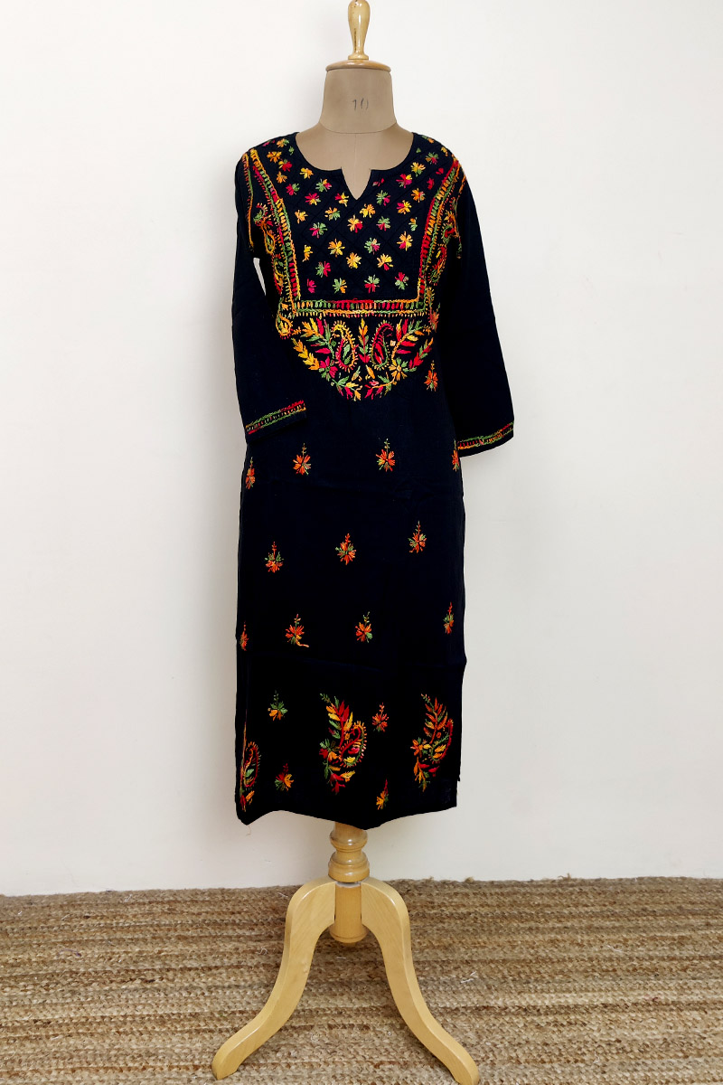 Black Color Hand Embroidered Lucknowi Chikankari long kurti (Cotton) MC252884