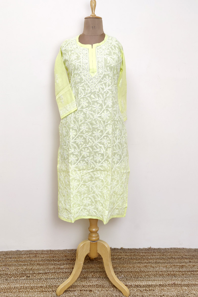 Lemon Color Hand Embroidered Lucknowi Chikankari Long Kurti (cotton) Mc252886