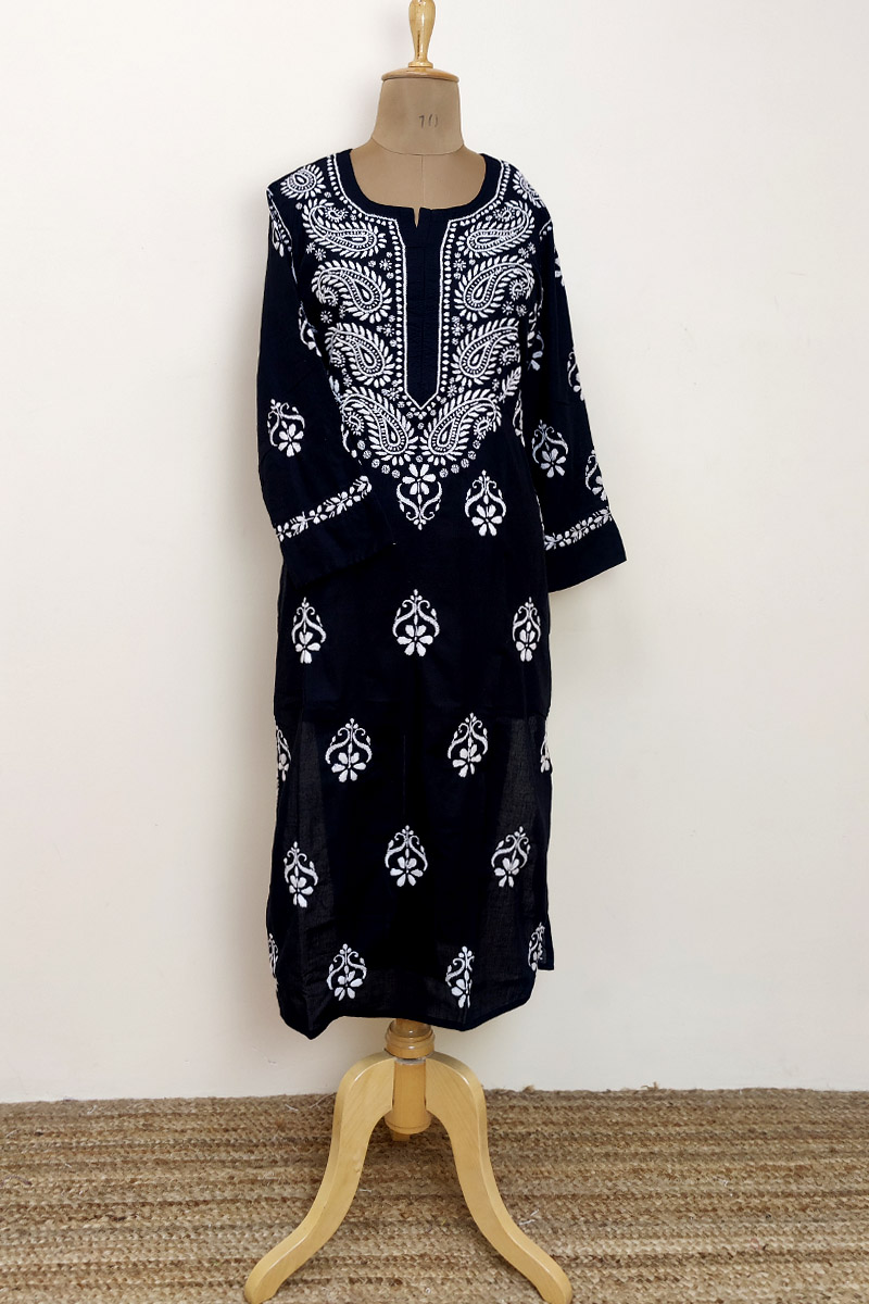 Black Color Hand Embroidered Lucknowi Chikankari long kurti (Cotton) MC252887