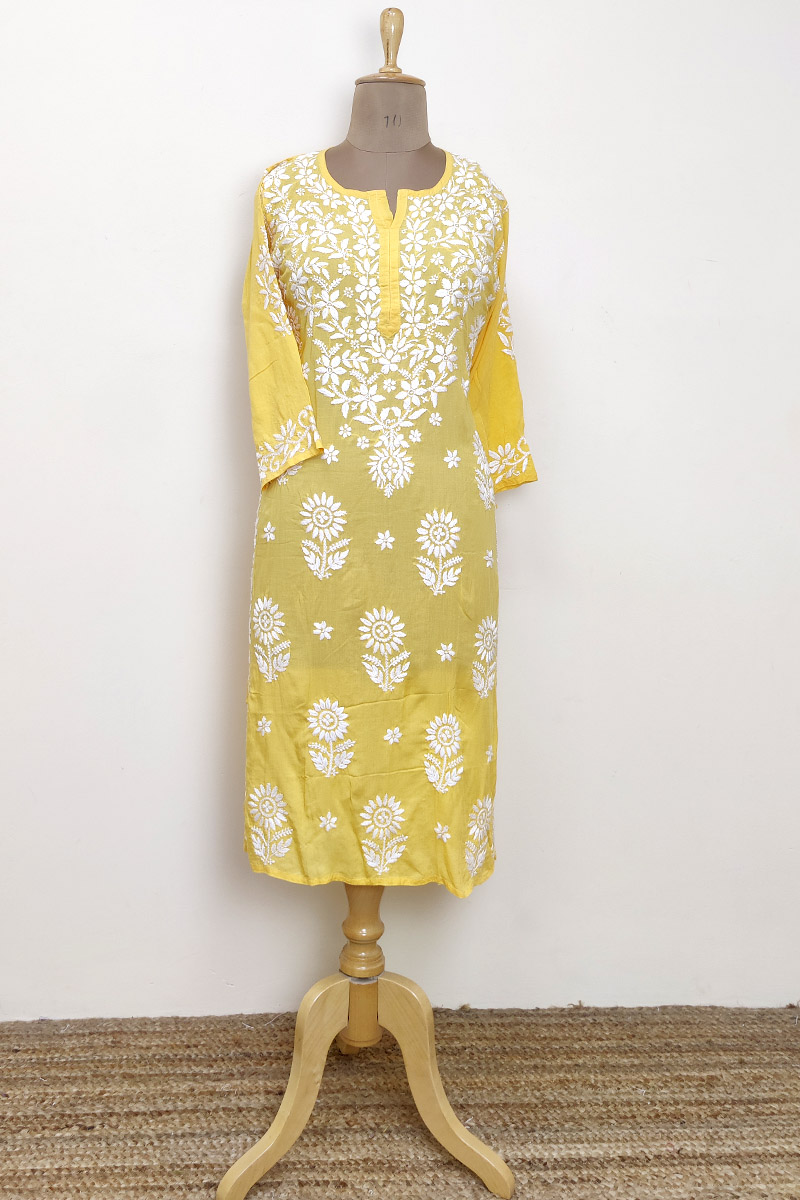 Yellow Color Hand Embroidered Lucknowi Chikankari long kurti (Rayon Cotton) MC252888