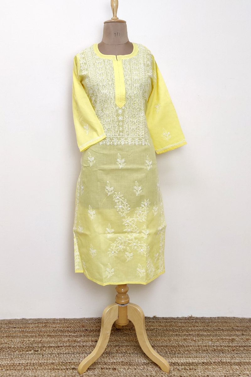 Yellow Color Designer Hand Embroidered Lucknowi Chikankari long kurti (Cotton) MC252890