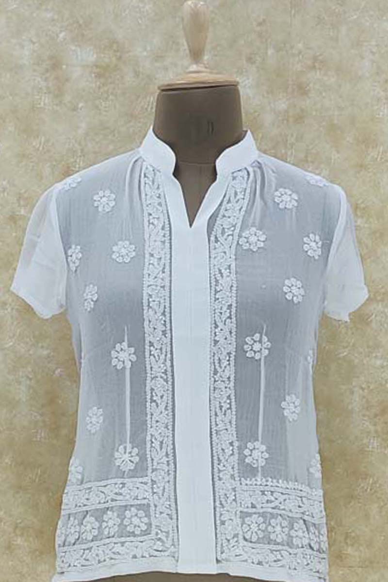 Georgette WHITE CHIKANKARI SHORT TOP MC251473