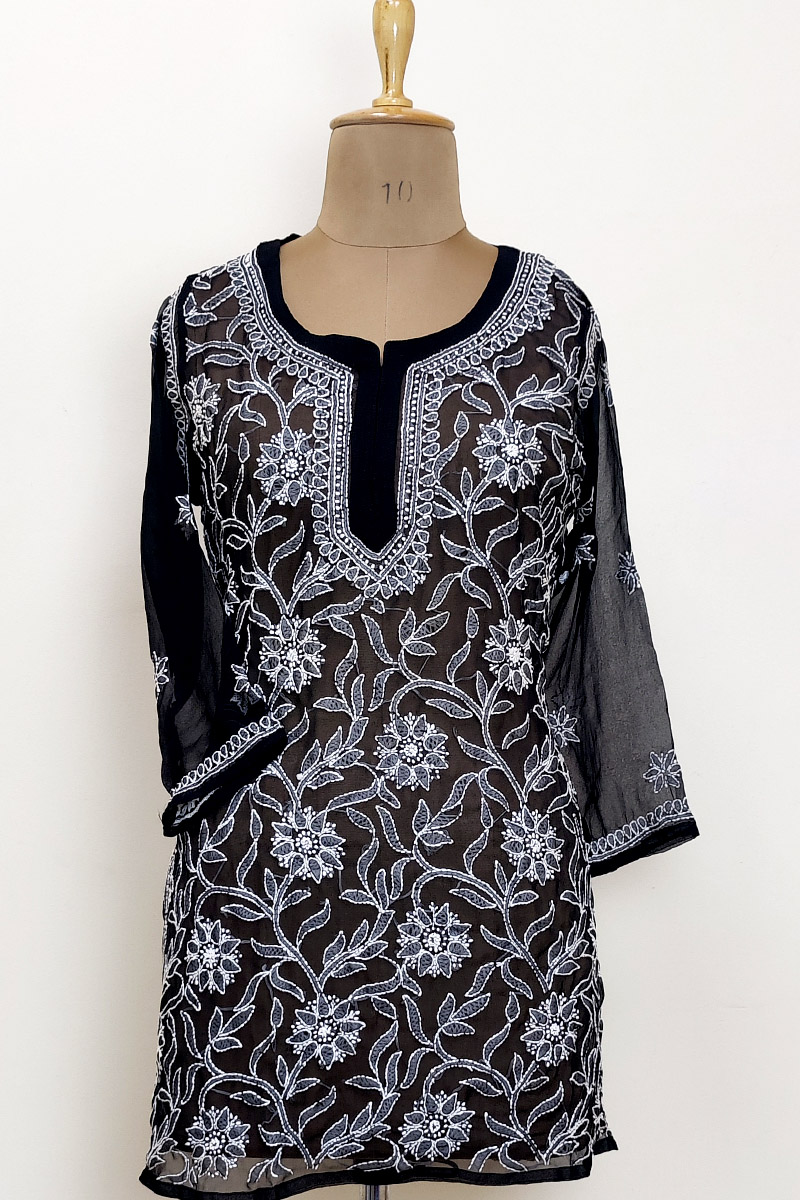 Black Color Georgette Lucknowi Chikankari Short Top MC252893