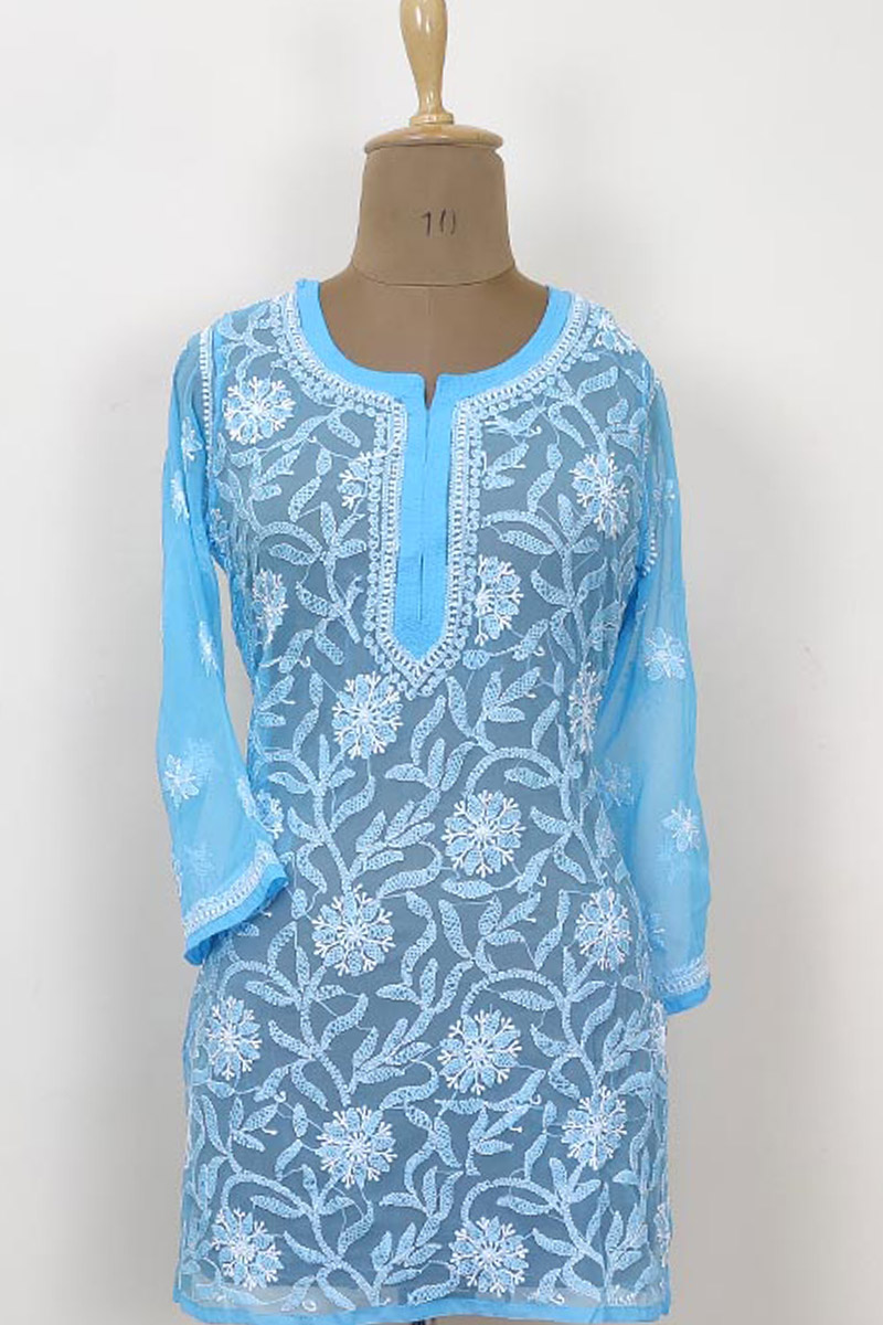 Sky Blue Color Georgette Lucknowi Chikankari Short Top MC252894