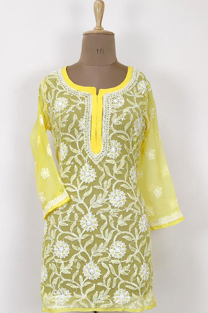 Yellow Color Hand Embroidered Lucknowi Chikankari Short kurti (Georgette) MC252896