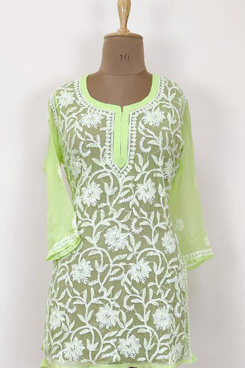 Lime Green Color Hand Embroidered Lucknowi Chikankari long kurti (Georgette) MC252897