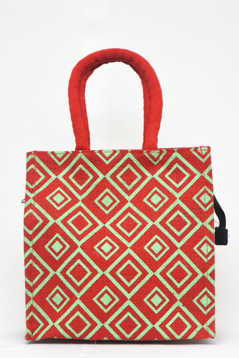 Red Printed Fancy Jute  Bag - Hb020