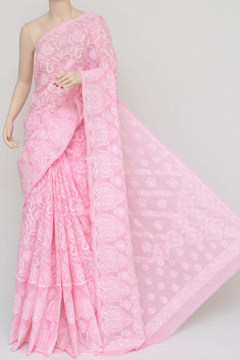 Pink Cotton Lucknowi Chikankari Saree - ZERESOUQ.COM