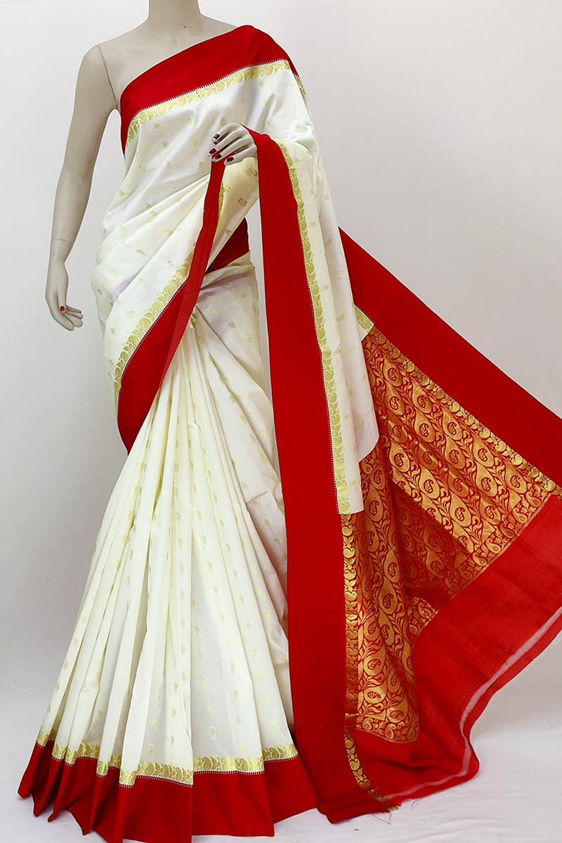 White Red Color Bengal silk Bengal Handloom Saree (With Blouse - Silk) MN252213