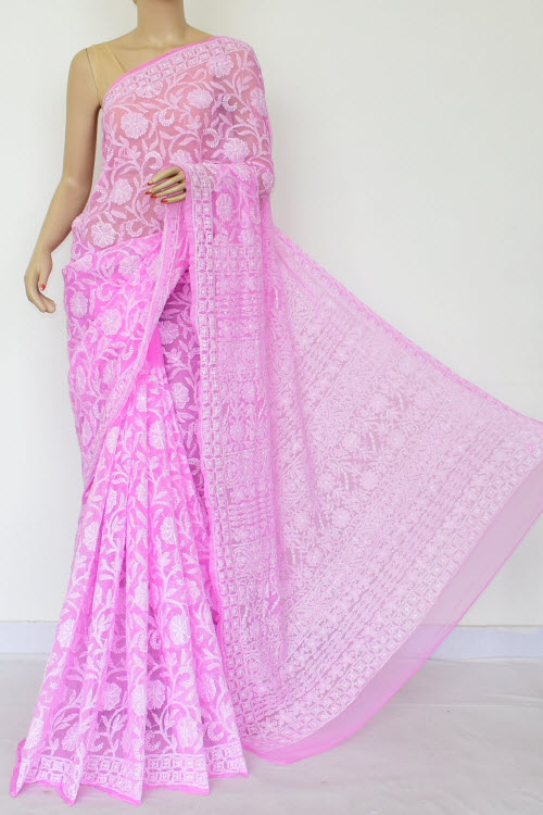 Pink Colour Embroidered Lucknowi Chikankari Saree (Georgette-With Blouse) 14873