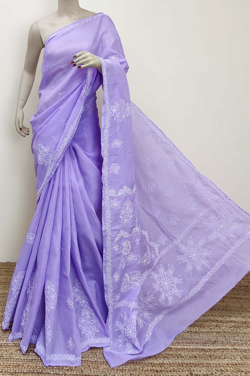 Lavender Color Hand Embroidered Cotton Lucknowi Chikankari Saree (with Blouse) MC252898